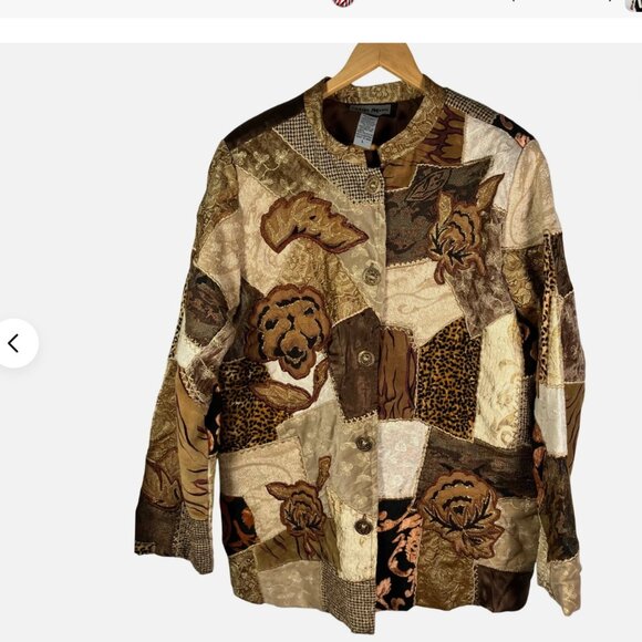 Indigo Moon Womens Patchwork Blazer Jacket Floral Tapestry Brown Gold SZ S - Picture 2 of 2